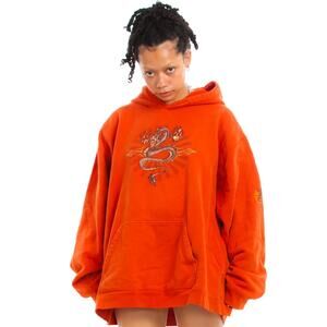 Vintage Y2K Extreme Limit Glitter Dragon Orange Pullover Hoodie Large Unisex